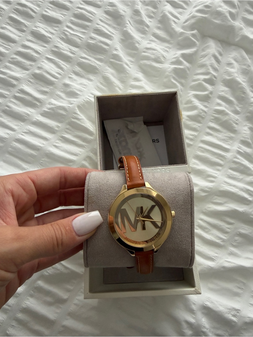 Michael Kors Gold and Brown Logo Dial Leather Strap Watch